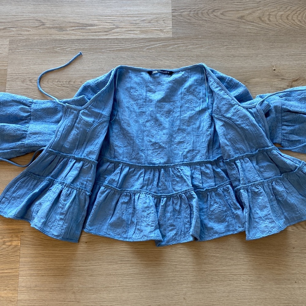 Zara Light Blue Tiered Ruffle Tie-Front Blouse - Picture 11 of 12